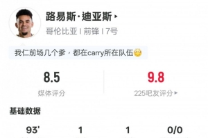 路易斯·迪亞斯此役表現(xiàn)：助攻得分+1次封堵2次突破成功2次關(guān)鍵傳球，評分8.5