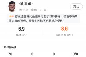 熱區(qū)圖顯現(xiàn)對方半場集中！佩德里全場表現(xiàn)：傳球達成率85.3%，得分6.9分