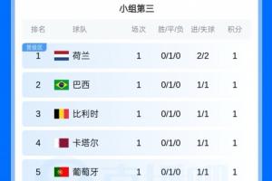 前八名晉級(jí)！小組第三名：荷蘭、巴西、比利時(shí)、葡萄牙、西班牙位列前八